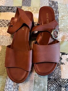 Nine West Brown Leather Buckle Slide Sandals
